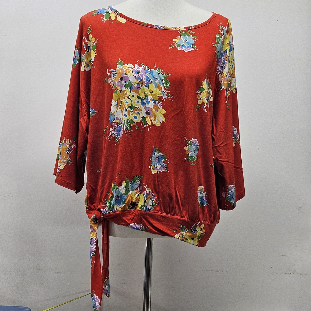 Lauren Ralph Lauren Top Floral Tie Hem Blouse Dolman Sleeve Large Boho Cottage